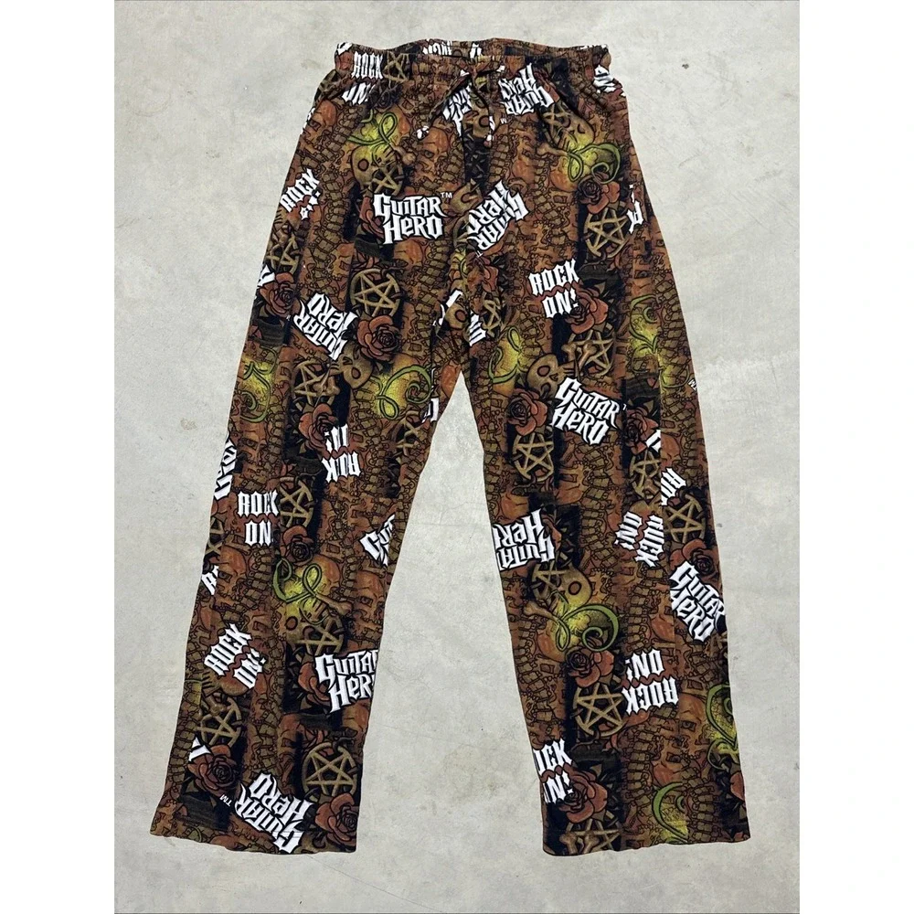 Guitar Hero Pajama Pants Men's SZ M Brown Graphic Print Gamer Lounge Sleep Band